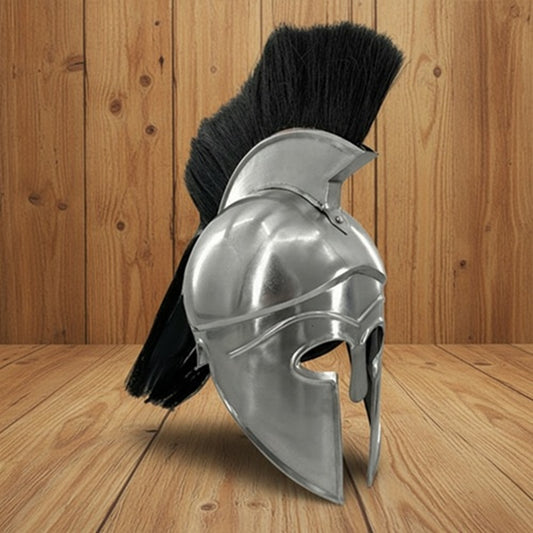 Greek Silver Helmet with Black Plume – Warrior Armor wooden stand