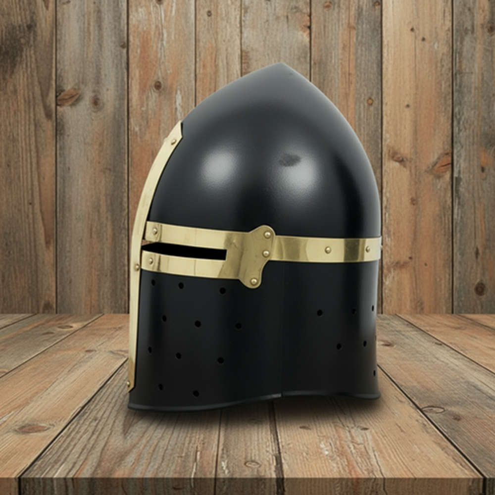 Medieval Black Sugarloaf Helmet – Knight Crusader Armor Helm with Wooden Stand