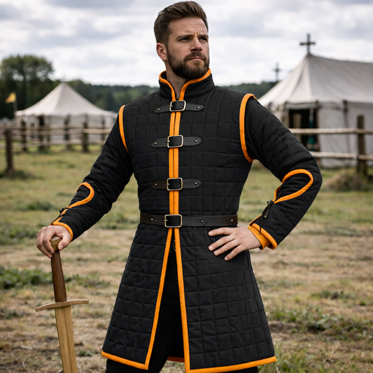 Medieval Blue Gambeson Jacket – Padded Arming Coat with Buckles