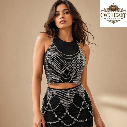 Anodized Aluminum Chainmail Top & Skirt Set | Women’s Medieval Armor Costume for LARP, Ren Faire & Festival Wear