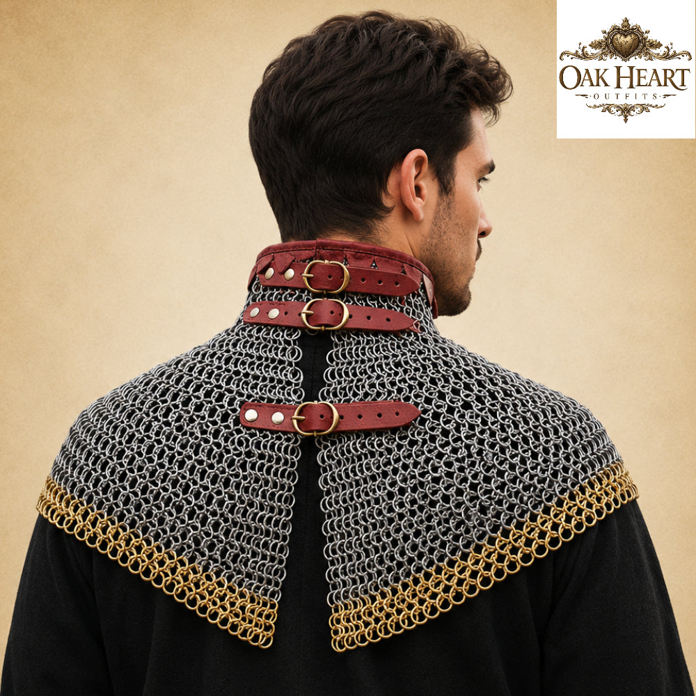 Medieval Chainmail Neck Collar Armor – Flat Riveted & Washer with Brass Accent Rows