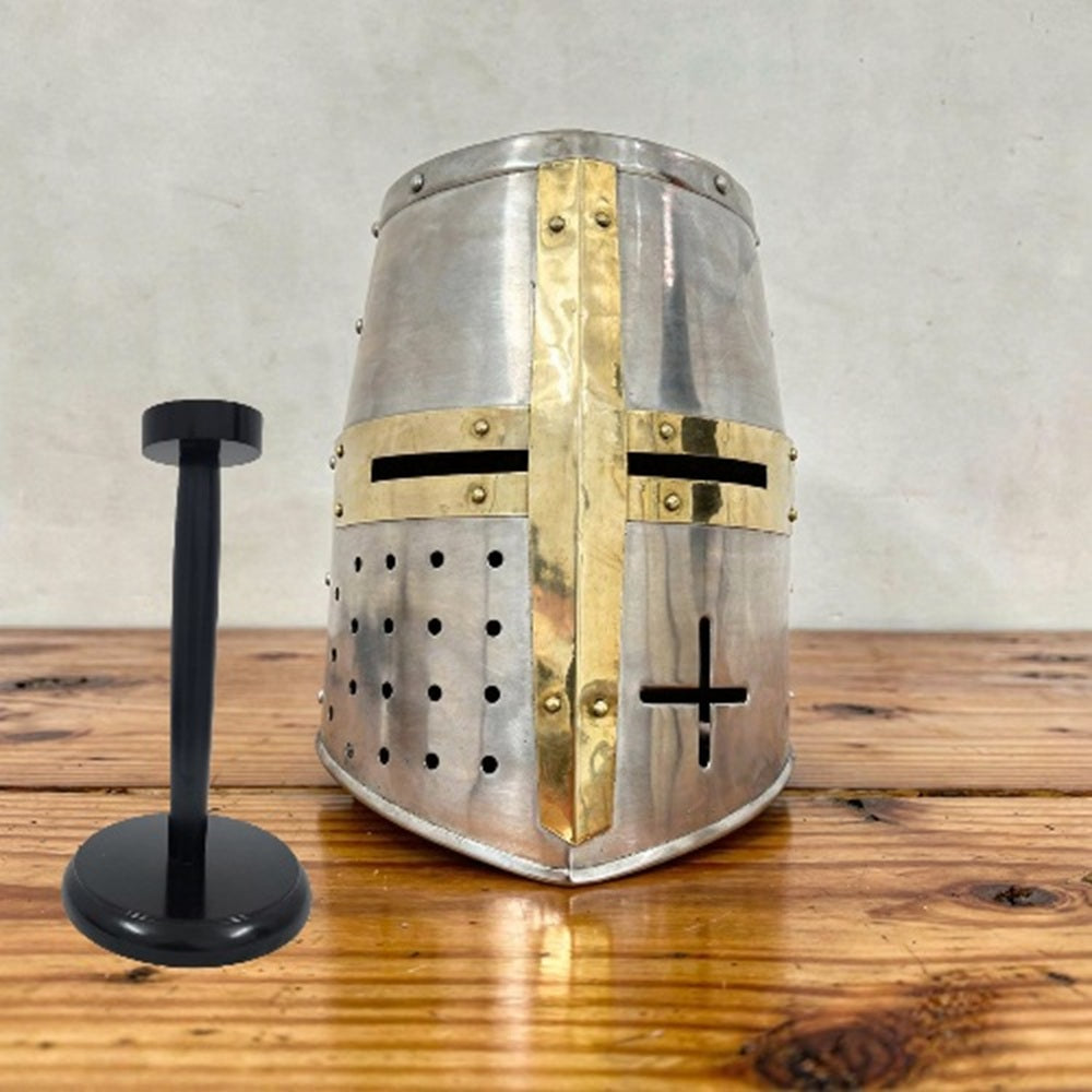 Medieval Templar Helmet With Wooden Stand