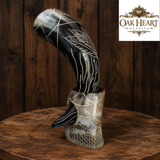 Medieval Drinking Horn with Decorative Stand