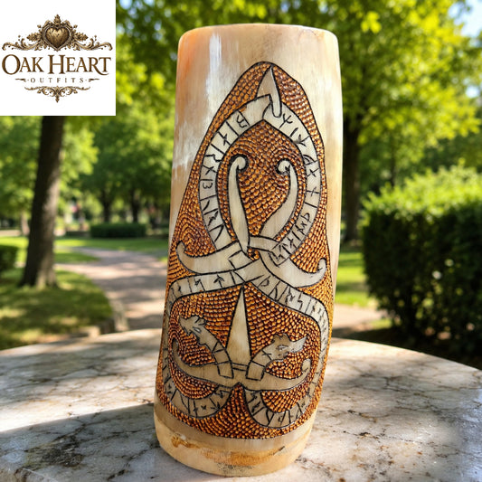 Viking Horn Mug with Handle – Norse Rune Engraved Drinking Horn Tankard