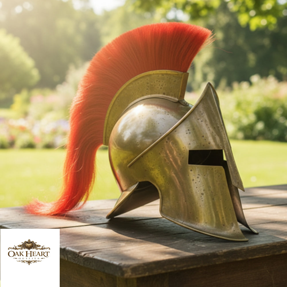 Spartan Helmet with Red Plume – King Leonidas Cosplay Armor, Wooden Stand