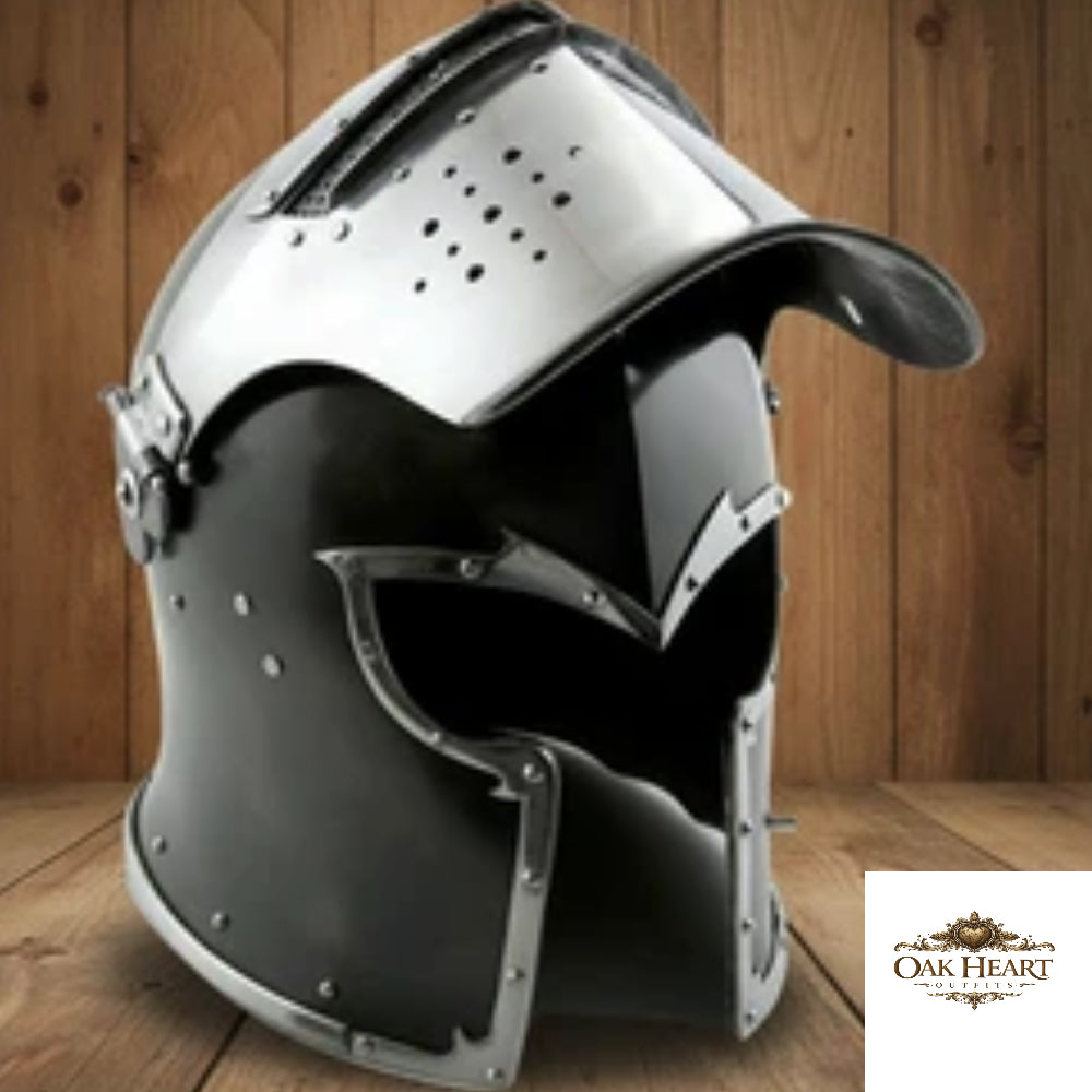 Medieval Barbuta Helmet Armor with Inner Leather Liner, Wooden Stand