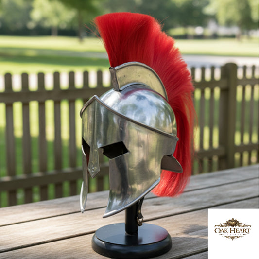 300 King Leonidas Spartan Helmet Greek Warrior with Red Plume & Wooden Stand