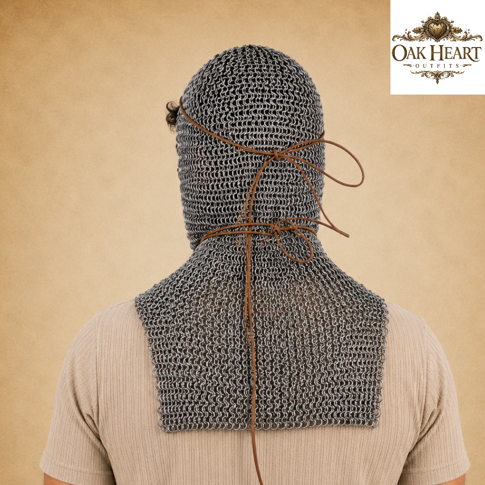 6MM Medieval Chainmail Coif – Riveted Flat Rings with Washers Armor Hood