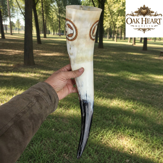 Celtic Engraved Viking Drinking Horn – Handcrafted Natural Horn Mug for LARP & Cosplay