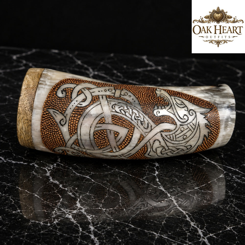 Handcrafted Viking Drinking Horn Mug | Norse Dragon Engraved Horn Cup