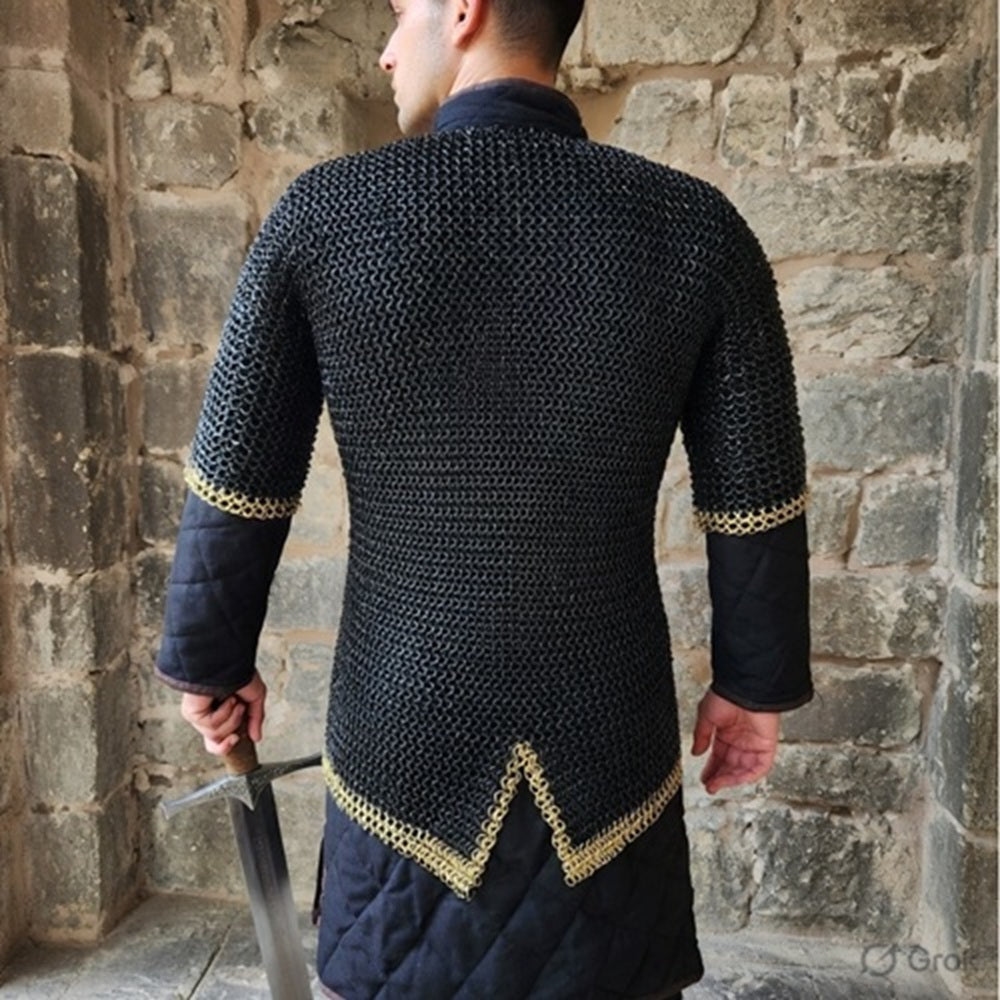 9MM Riveted Chainmail Haubergeon – Flat Ring Viking Armor Shirt with Brass Trim