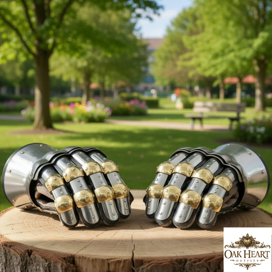 Medieval Churburg Gauntlets, 16 Gauge Steel Knight Gloves with Brass Accents for LARP & Reenactment