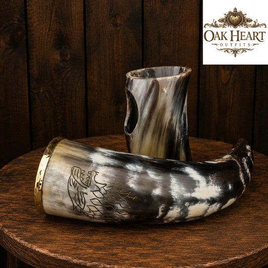 Engraved Viking Horn Cup with Holder – Medieval Rustic Barware Gift