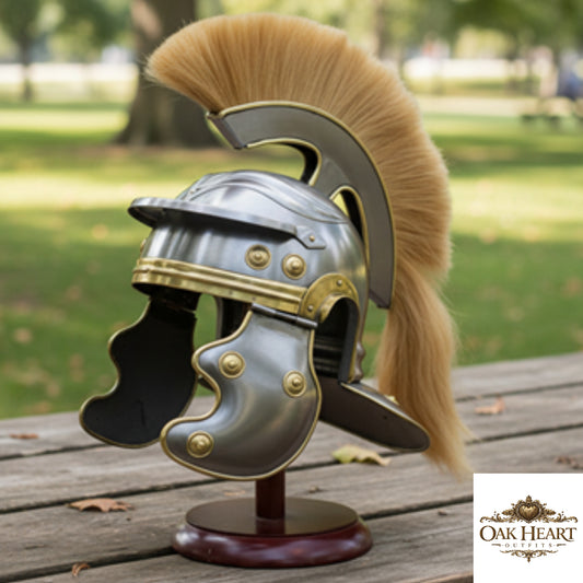 Roman Centurion Helmet with Brown Plume and Wooden Stand