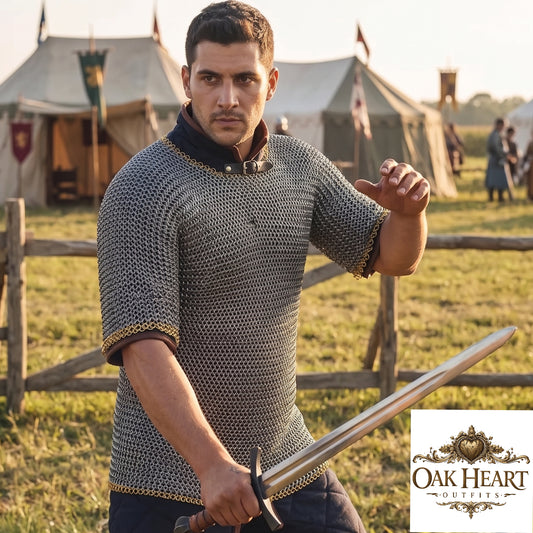 Medieval 9mm Round Riveted Chainmail Hauberk, Riveted Mild Steel Armor, Brass Trim, Half Sleeve Warrior Shirt