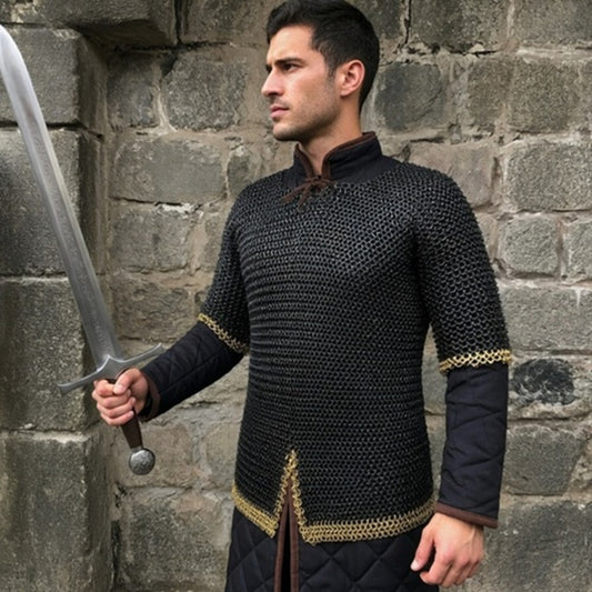 9MM Riveted Chainmail Haubergeon – Flat Ring Viking Armor Shirt with Brass Trim