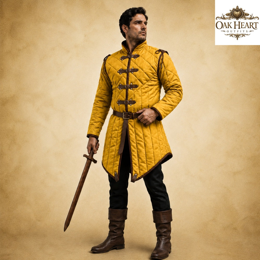 Medieval Gambeson Jacket | Quilted Cotton Aketon with Leather Trim