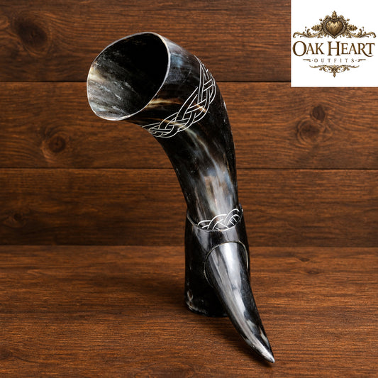 Black Viking Drinking Horn Mug – Traditional Celtic Engraved Mead Cup