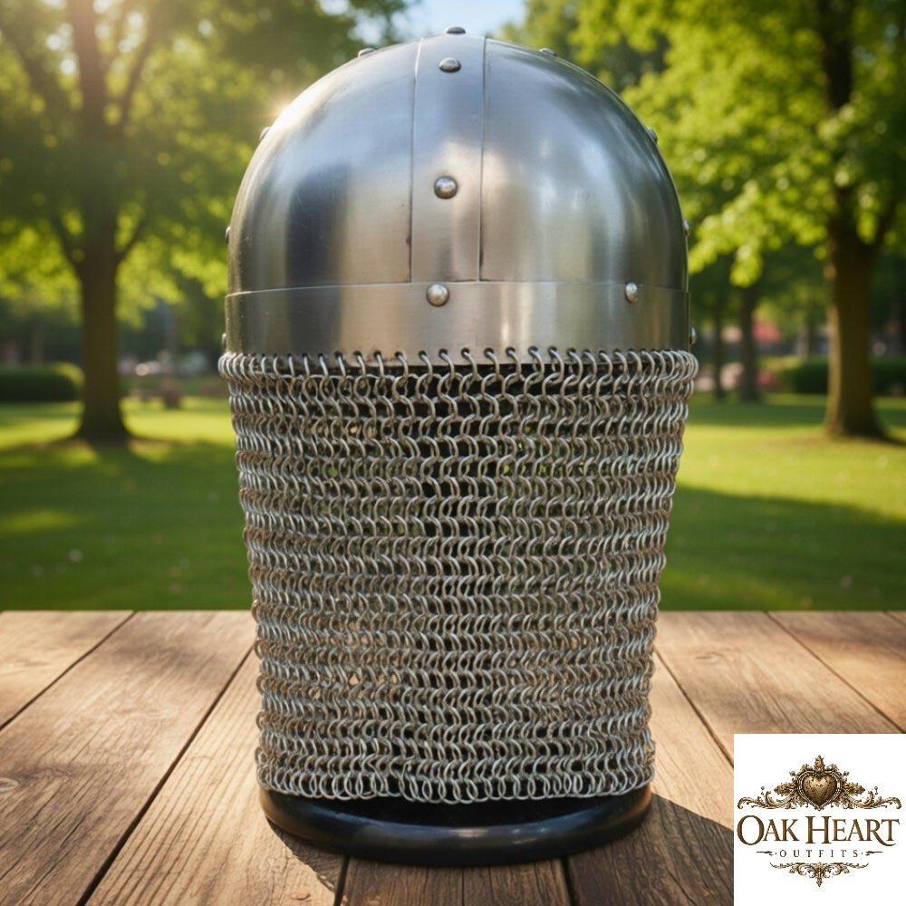 Viking Vendel Spectacle Helmet with Chainmail – Battle Ready Norse Armor with Wooden Stand