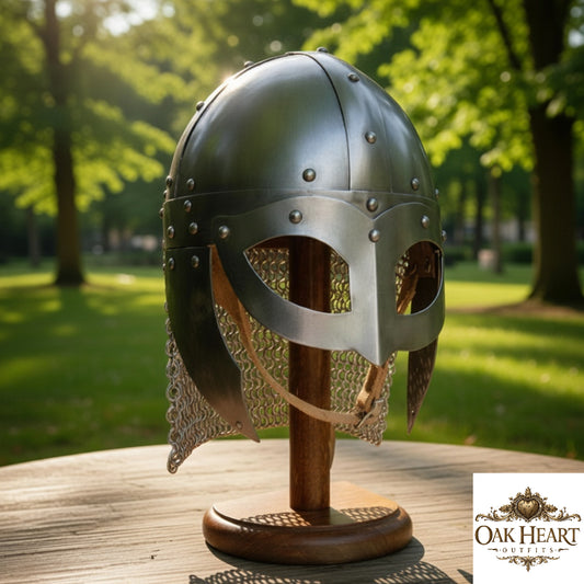 Viking Vendel Spectacle Helmet with Chainmail – Battle Ready Norse Armor with Wooden Stand