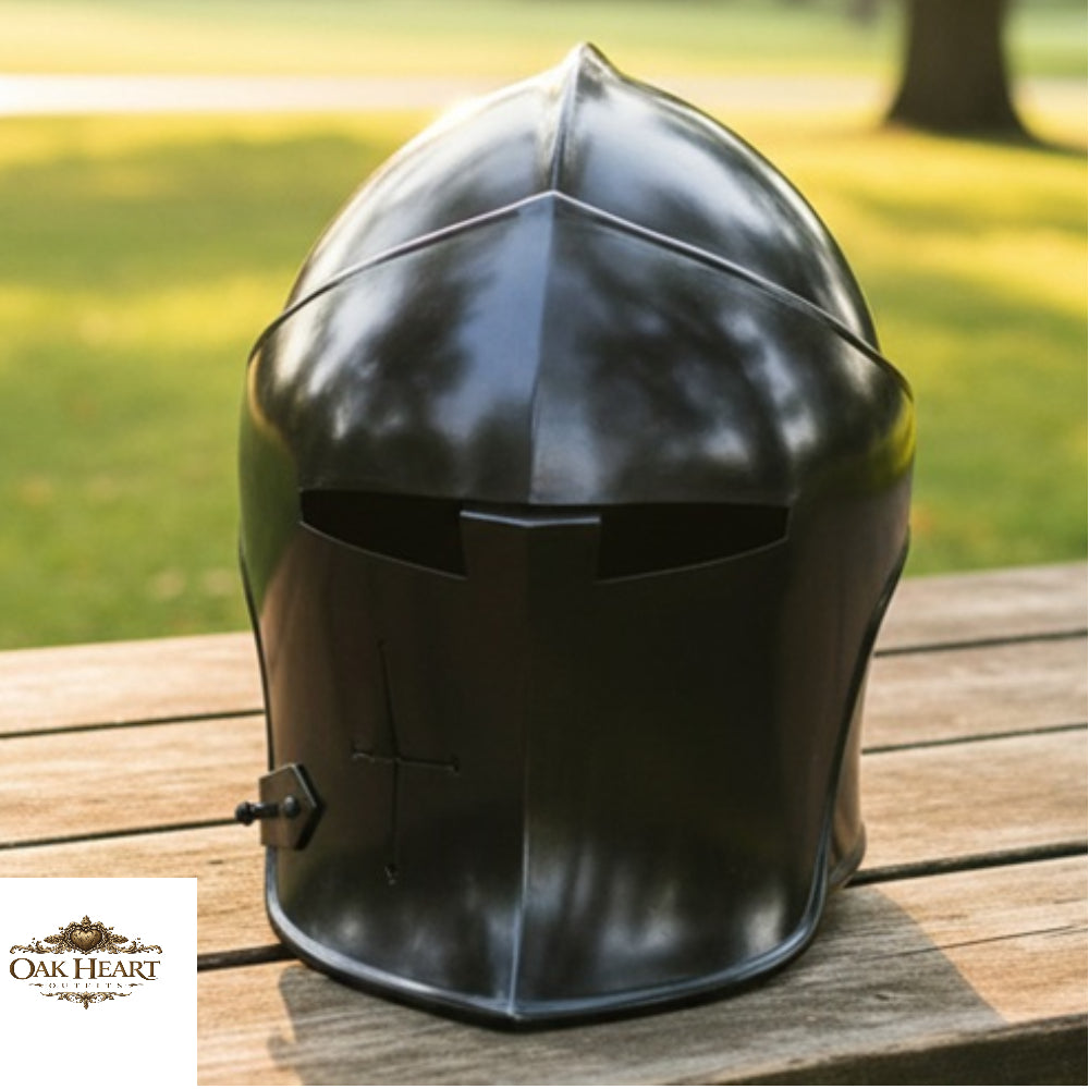 Medieval Knight Black Barbute Helmet – Functional Visor Armor Helm with Display Stand