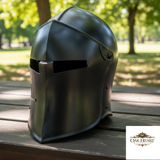 Medieval Knight Black Barbute Helmet – Functional Visor Armor Helm with Display Stand