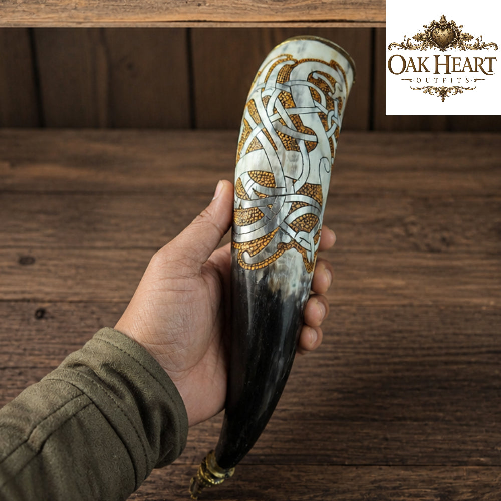 Handcrafted Viking Horn Mug with Brass Tip – Engraved Medieval Drinking Horn for LARP & Gifts