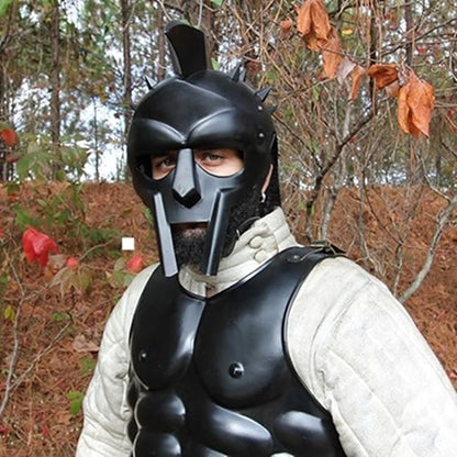 Black Spartan Gladiator Helmet with  wooden stand