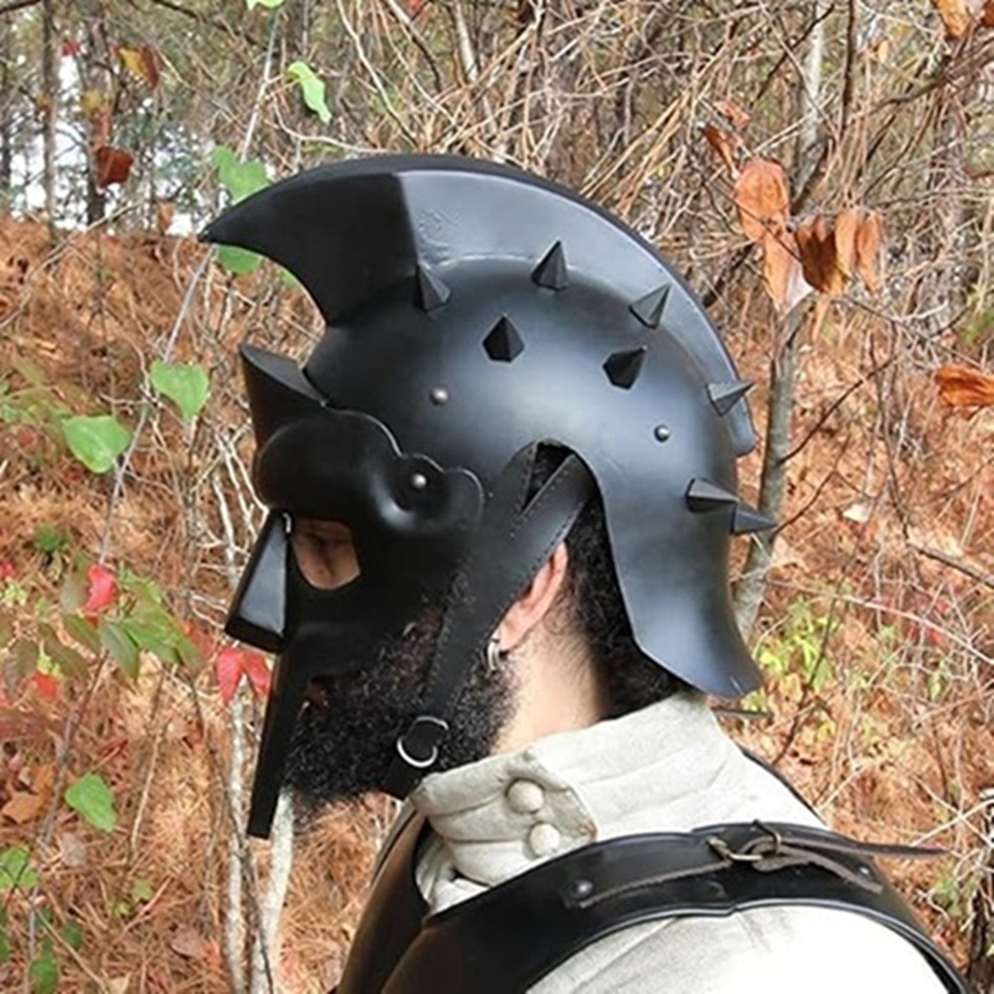 Black Spartan Gladiator Helmet with  wooden stand