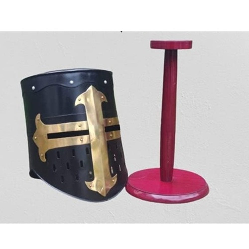 Medieval Crusader Helmet – Black Knight Armor Helmet with wooden stand