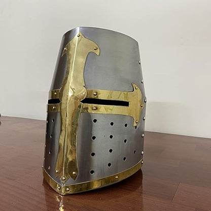 Medieval Brass Crusader Templar Helmet with Wooden Display Stand – Gift Item