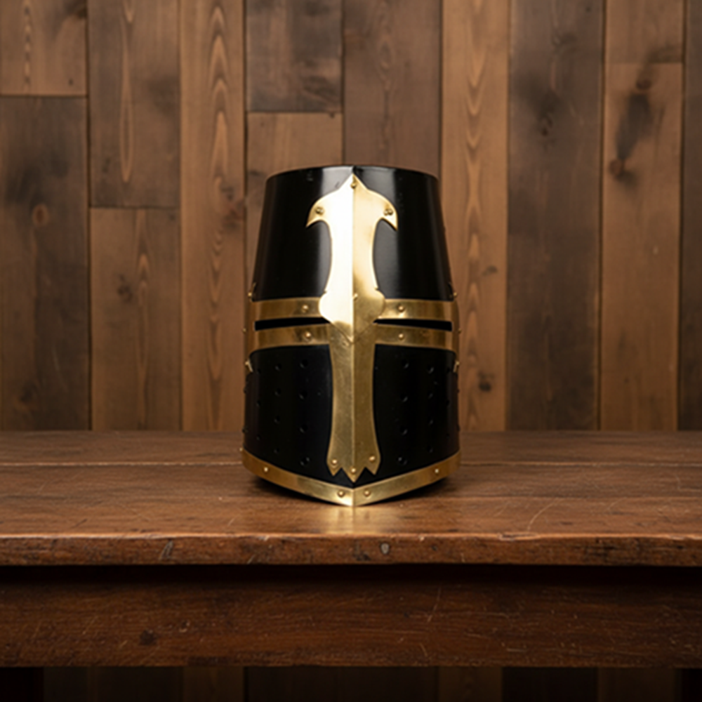 Templar Crusader Helmet – Black Brass Medieval Knight Helm with  Stand