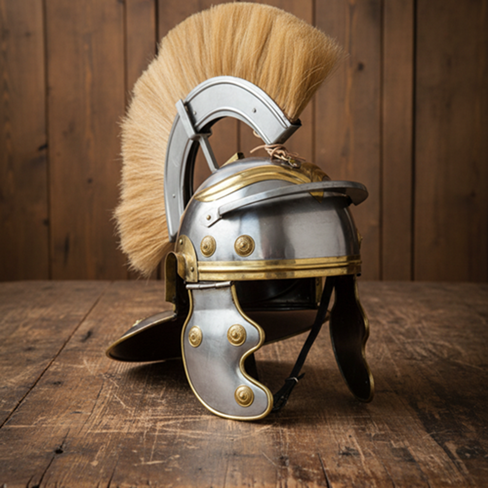 Roman Centurion Helmet with Brown Plume & Wooden Stand
