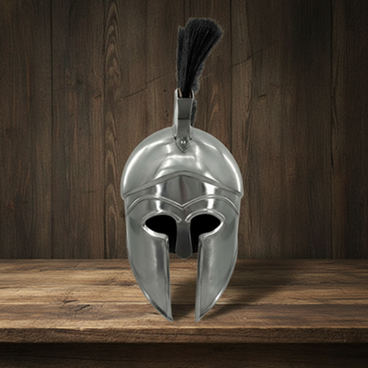 Greek Silver Helmet with Black Plume – Warrior Armor  wooden stand