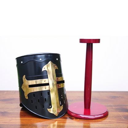 Medieval Crusader Helmet – Black Knight Armor Helmet with wooden stand