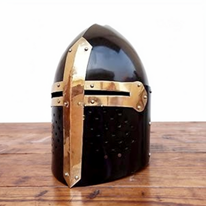 Medieval Black Sugarloaf Helmet – Knight Crusader Armor Helm with Wooden Stand