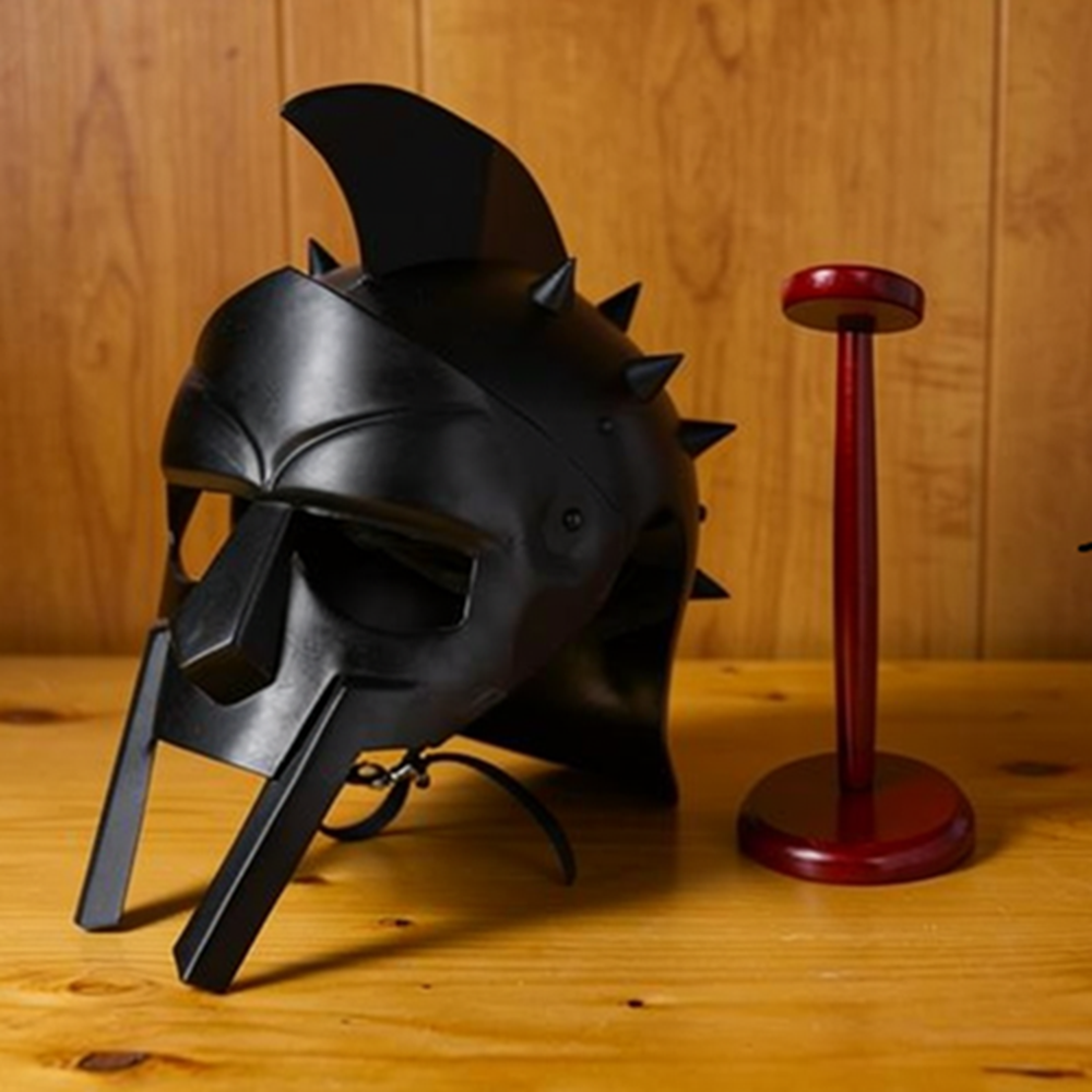 Black Spartan Gladiator Helmet with  wooden stand