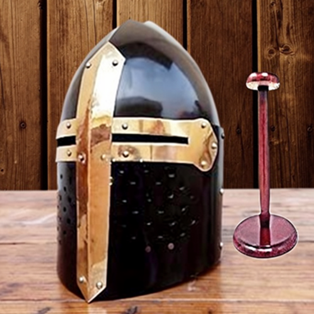 Medieval Black Sugarloaf Helmet – Knight Crusader Armor Helm with Wooden Stand