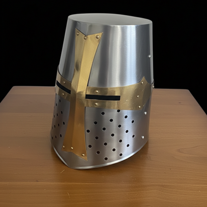 Templar Crusader Knight Helmet – Medieval Steel Armor with Display Stand