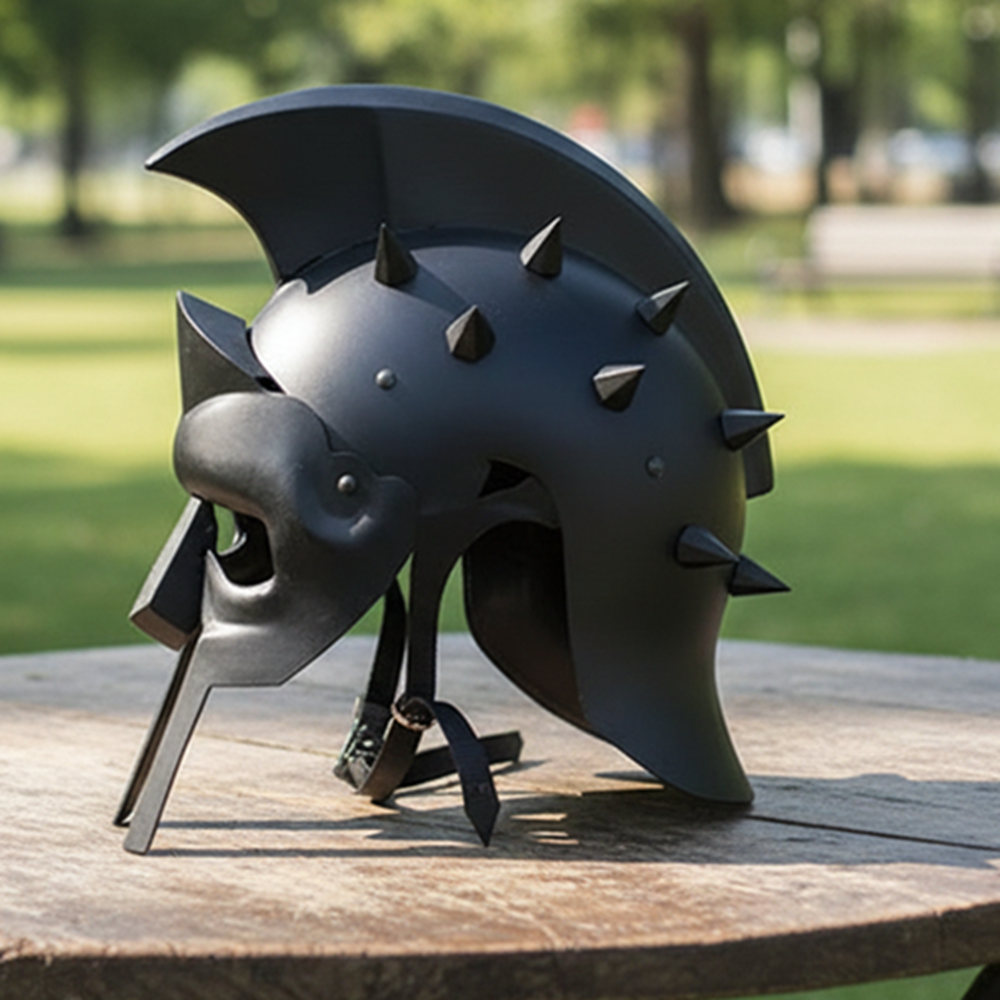 Black Spartan Gladiator Helmet with  wooden stand