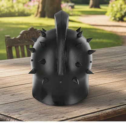 Black Spartan Gladiator Helmet with  wooden stand