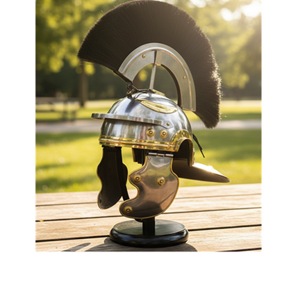 Roman Helmet with Black Plume –Wooden Stand