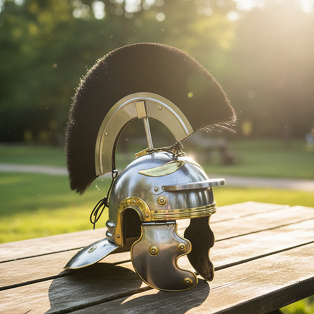 Roman Helmet with Black Plume –Wooden Stand