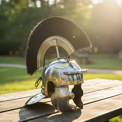 Roman Helmet with Black Plume –Wooden Stand