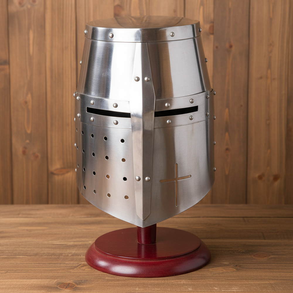 Knight Templar Helmet Silver with  Wooden Stand