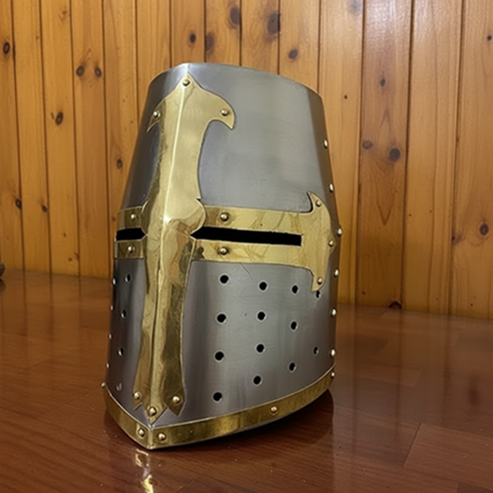 Medieval Brass Crusader Templar Helmet with Wooden Display Stand – Gift Item