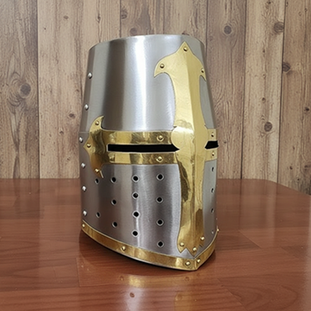 Medieval Brass Crusader Templar Helmet with Wooden Display Stand – Gift Item