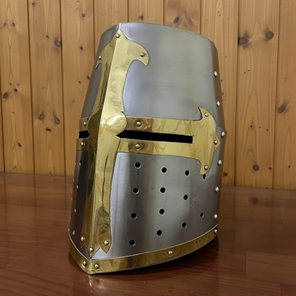 Medieval Brass Crusader Templar Helmet with Wooden Display Stand – Gift Item