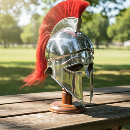 Greek Corinthian Helmet Silver Finish | Red Plume with Wooden stand