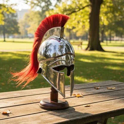 Greek Corinthian Helmet Silver Finish | Red Plume with Wooden stand